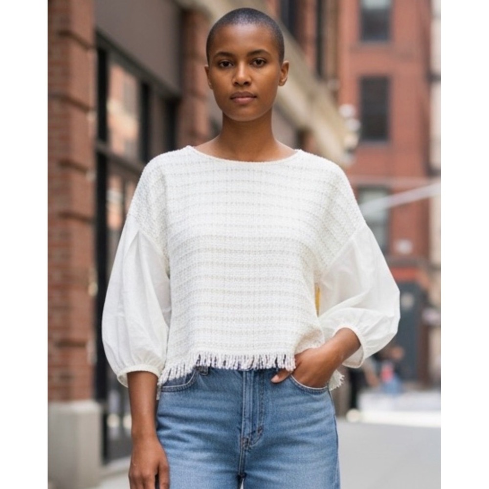 Anthropologie FATE Tweed Balloon Sleeve Top Off White Metallic Thread Small